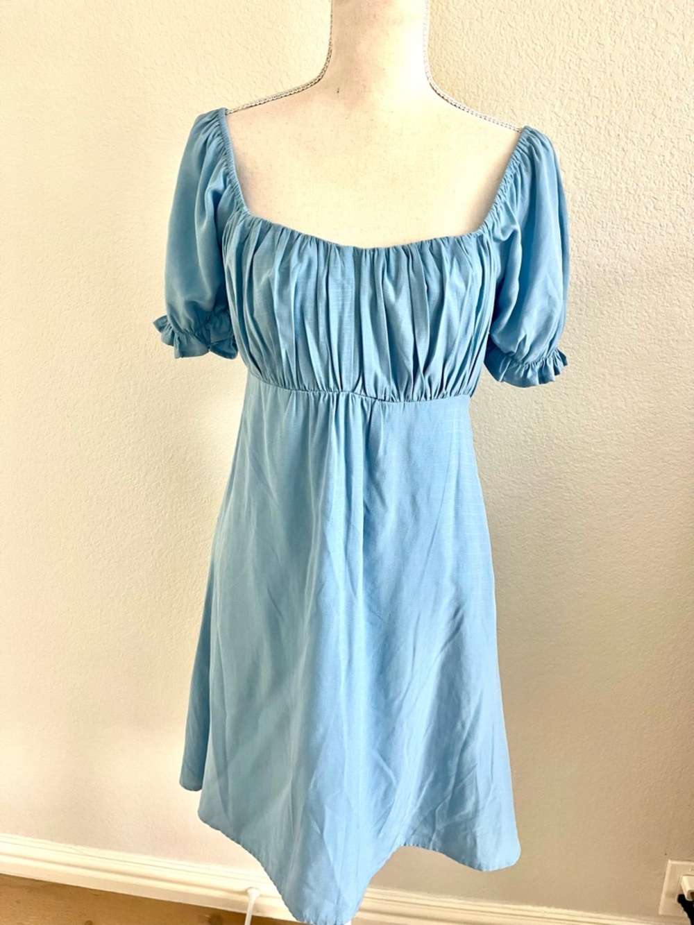 New Light Blue Puff Sleeve Square Neck Valentina Dress